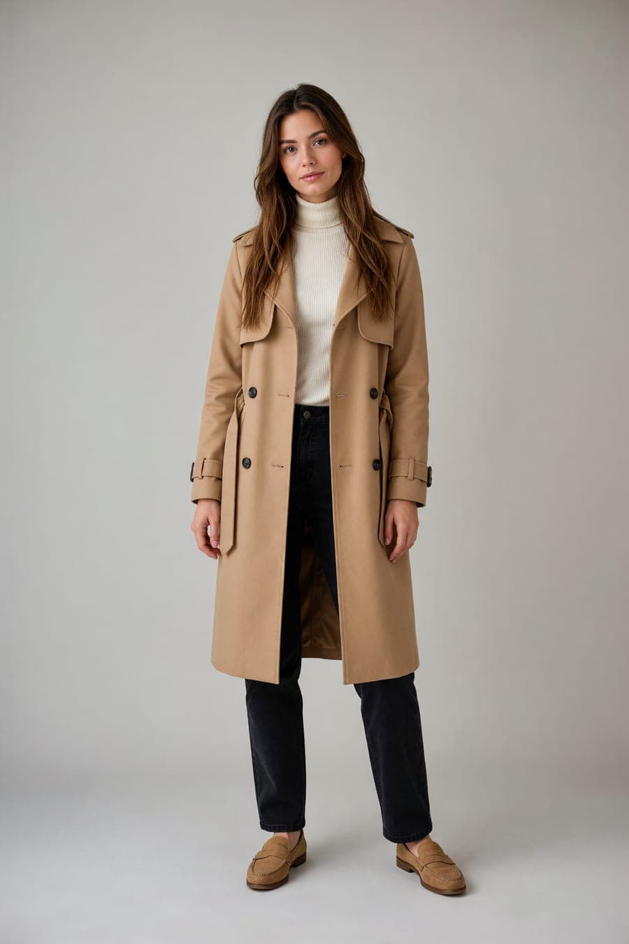 The same person wearing camel trench coat, generated by AI