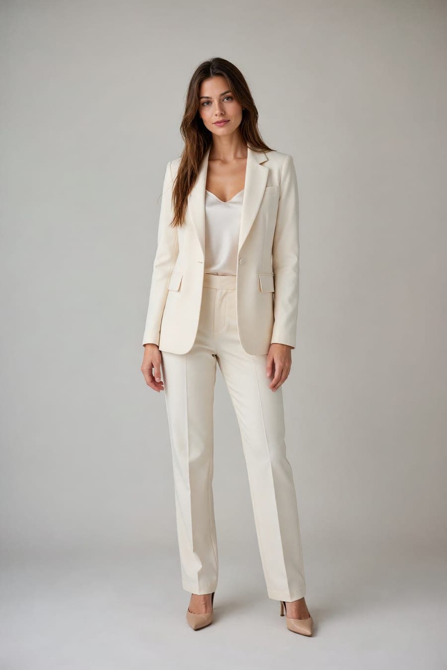 The same person wearing cream tailored suit, generated by AI