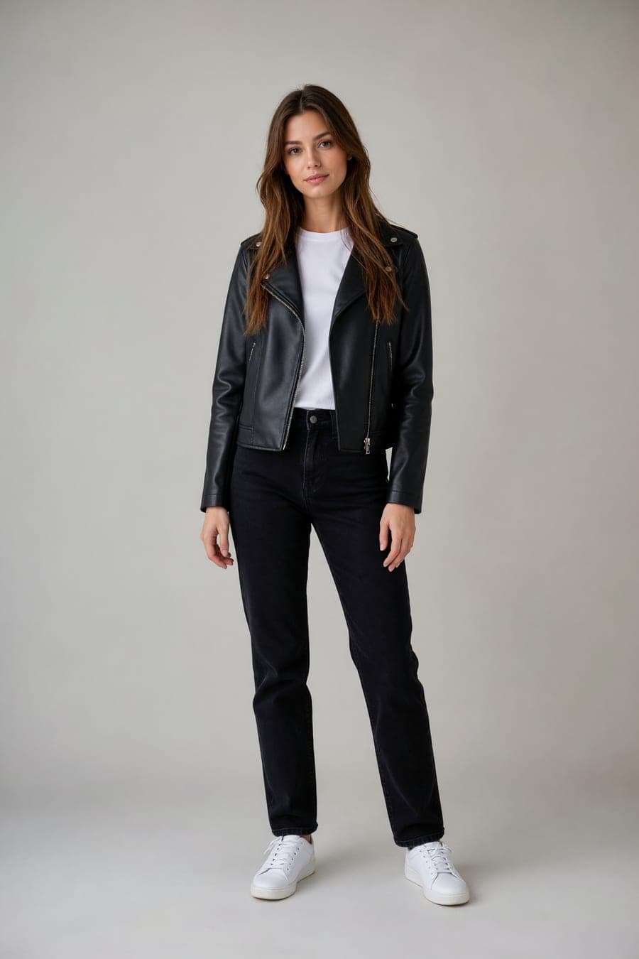 The same person wearing black leather moto jacket, generated by AI