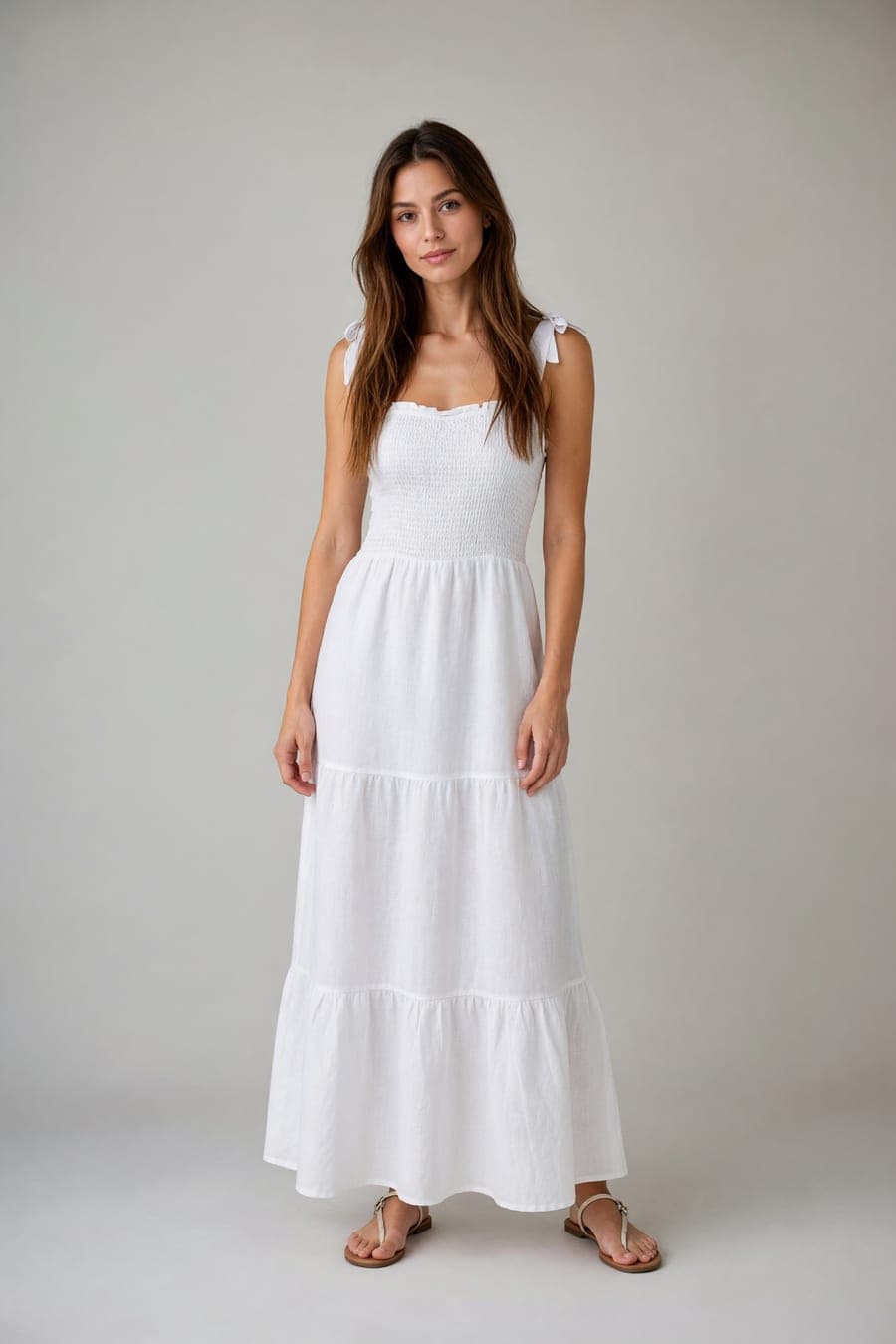 The same person wearing white linen sundress, generated by AI