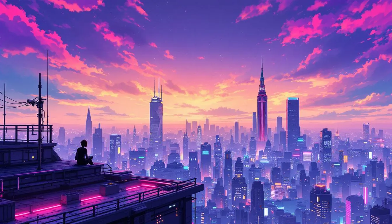 Cyberpunk rooftop scene, overlooking city, neon lights, futuristic skyline, atmospheric style., anime style, studio ghibli aesthetic, vibrant colors, cel shading, japanese animation