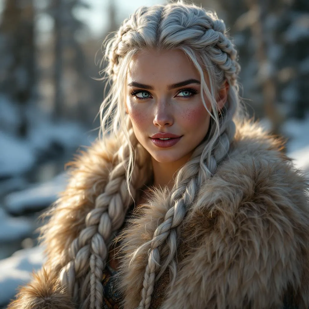 masterpiece, ultra-HD, photorealistic,impressionism (1.5), high detail, depth of field, (blurred background), best quality, (very aesthetic:1.2) , 8k, high detail, soft reflections, dramatic lighting, (score_9, score_8_up,:1.3 ), soft shading, warm atmosphere, (light particles:1.3), cinematic lighting, 1woman, (mature woman:1.2), nordic woman, (goddesse:1.4), athletic body, beautiful face, silver hair, long hair, hair,  huge braids, voluminous hair, pale blue eyes, big eyes, detailed pupils, detailed shading, soft highlights, vibrant colors, skindentation, ( pale lips, small lips), happy expression, blushing cheeks, outdoors, snow covered landscape,  trees, aurora borealis, frozen stream,  ( fur viking attire, long cozy fur coat), (aesthetic pose, holding hammer, mjölnir:1.3) (looking away:1.2), BREAK, Hype4realistic, lazypos,

Negative prompt [worst quality, low quality, lowres, jpeg artifacts, compression artifacts, low detail, bad anatomy, bad hands, bad eyes, bad proportions, distorted limbs, extra limbs, (extra fingers:1.8), (extra digits:1.8), fused fingers, missing fingers, malformed hands, bad feet, asymmetrical face, distorted facial features, watermark, text, logo, signature, cropped, plastic skin, shiny skin,  child, teen, chibi, lazyneg]