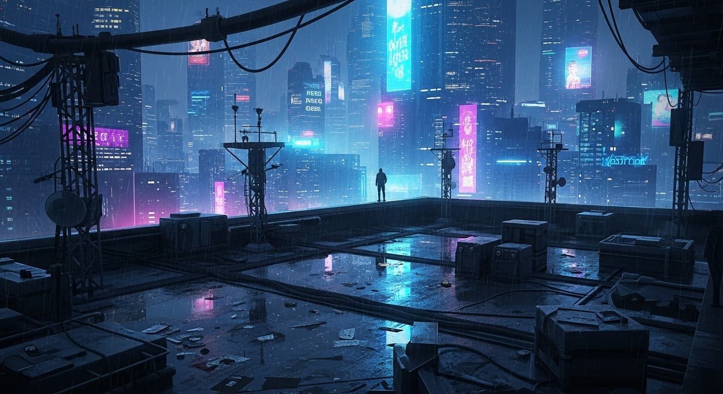 Cyberpunk rooftop scene, overlooking city, neon lights, futuristic skyline, atmospheric style., digital painting, concept art, artstation trending, highly detailed, vibrant colors