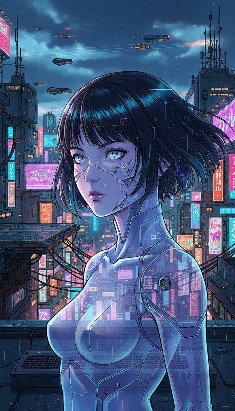 hot  cyber punk woman close up like ghost in the shell detailed world background, Cyberpunk rooftop scene, overlooking city, neon lights, futuristic skyline, atmospheric style., anime style, studio ghibli aesthetic, vibrant colors, cel shading, japanese animation
