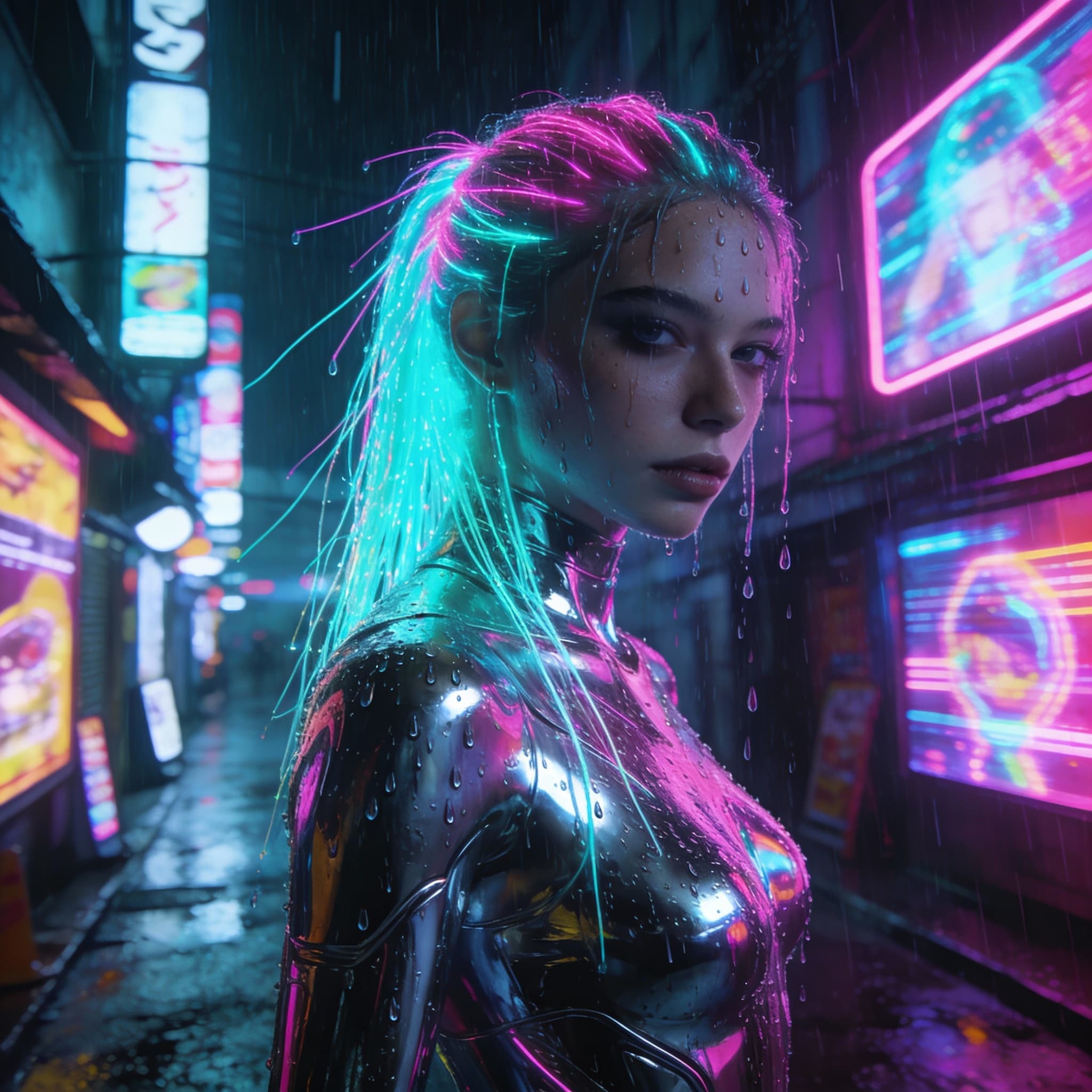 A woman with chrome skin and fiber optic hair standing in a neon-drenched Tokyo alley, holographic advertisements reflecting off her metallic features, rain streaming down, cinematic lighting, 8K detail