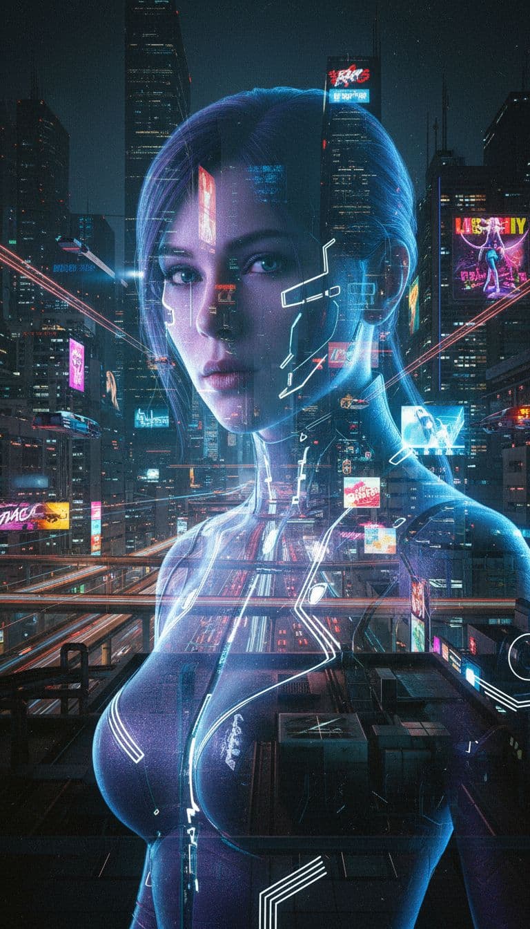 hot  cyber punk woman close up like ghost in the shell detailed world background, Cyberpunk rooftop scene, overlooking city, neon lights, futuristic skyline, atmospheric style., cinematic shot, film grain, dramatic lighting, movie still, anamorphic lens, 35mm film