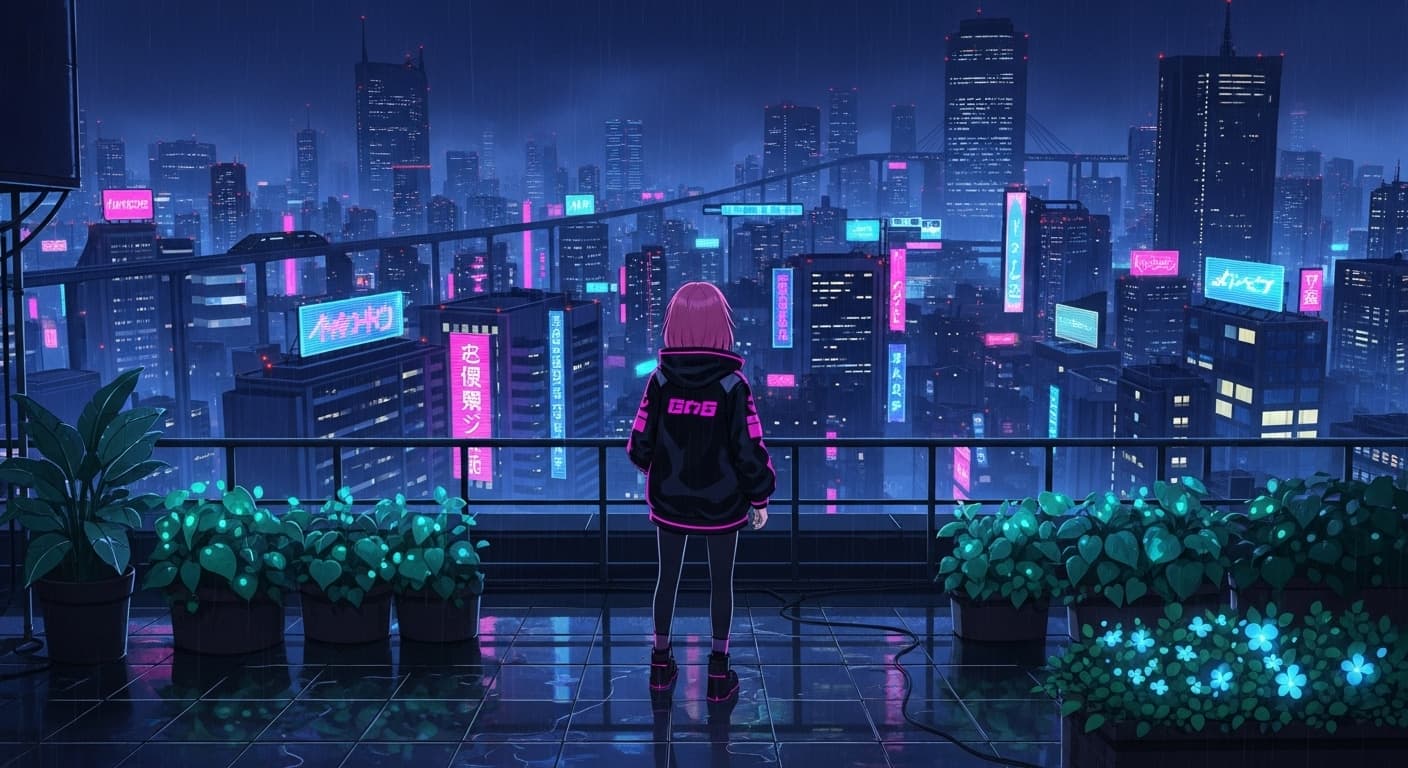 Cyberpunk rooftop scene, overlooking city, neon lights, futuristic skyline, atmospheric style., anime style, studio ghibli aesthetic, vibrant colors, cel shading, japanese animation