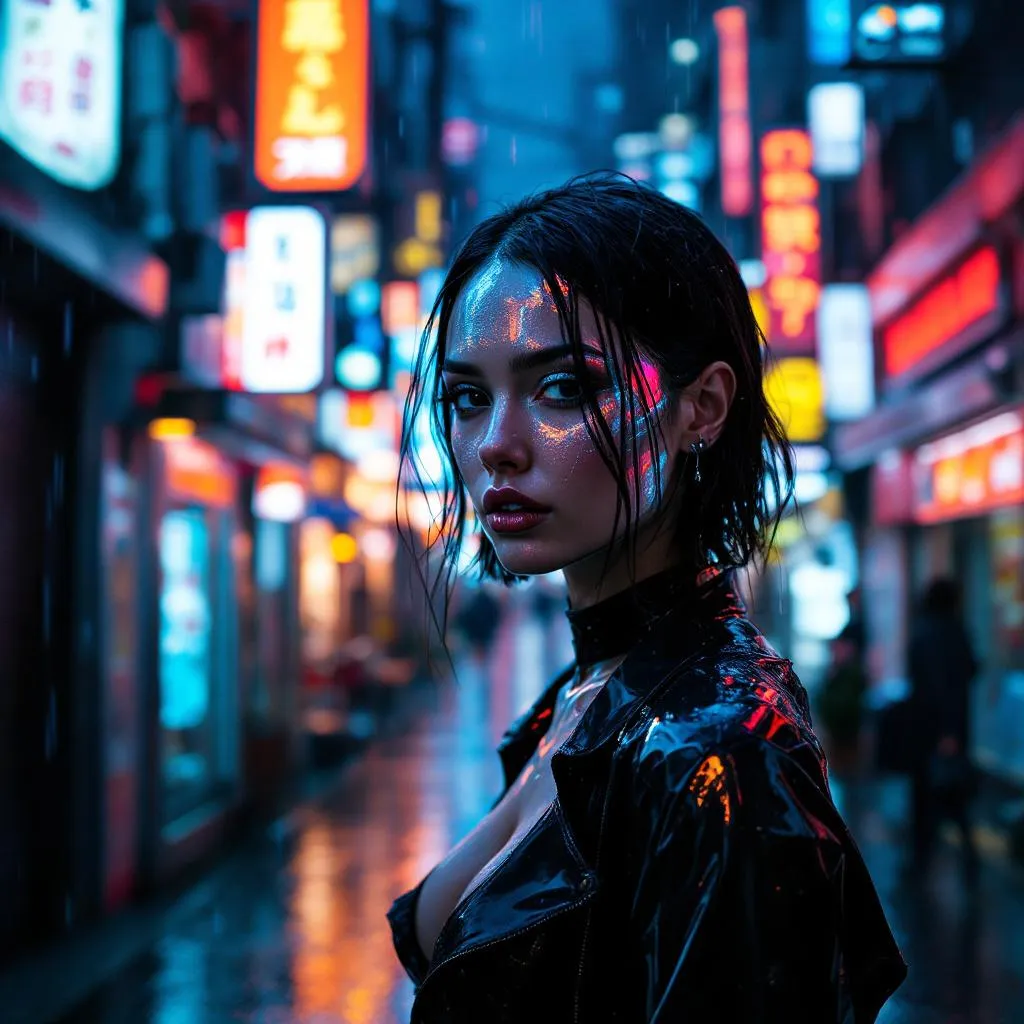 A woman with chrome skin and fiber optic hair standing in a neon-drenched Tokyo alley, holographic advertisements reflecting off her metallic features, rain streaming down, cinematic lighting, 8K detail