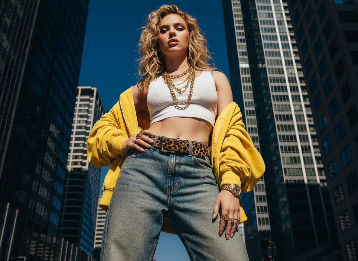 Ultra-high-resolution editorial fashion photo of a confident Y2K hip-hop glam diva standing in a modern downtown city, shot from extreme low angle, towering skyscrapers behind her, deep cobalt blue sky, bold sunlight, cinematic contrast.

She wears low-rise pants, exposed midriff crop top, oversized yellow velour jacket draped off the shoulders, leopard print belt, gold chains, gold rings, luxury watch, athletic street couture layering, early-2000s rap diva aesthetic, Harlem street glam, BET 2003 vibe.

Strong dominance pose, chin up, powerful body language, glossy lips, blonde textured hair, sharp makeup, ultra crisp detail, fashion editorial lighting, Vogue campaign style, ultra realistic, 8k, clean skin texture, cinematic depth, shallow depth of field, no blur.

Negative prompt
blurry, low quality, distorted face, extra fingers, flat lighting, washed colors, low contrast, boring pose, cropped head, cartoon, anime, painting, watermark, text, logos