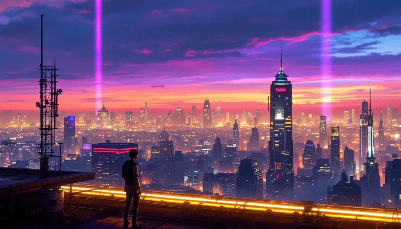 Cyberpunk rooftop scene, overlooking city, neon lights, futuristic skyline, atmospheric style., digital painting, concept art, artstation trending, highly detailed, vibrant colors