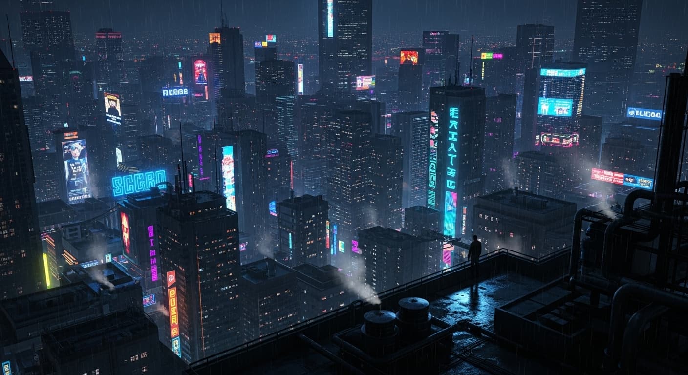 Cyberpunk rooftop scene, overlooking city, neon lights, futuristic skyline, atmospheric style., cyberpunk style, neon lights, futuristic city, rain reflections, blade runner aesthetic