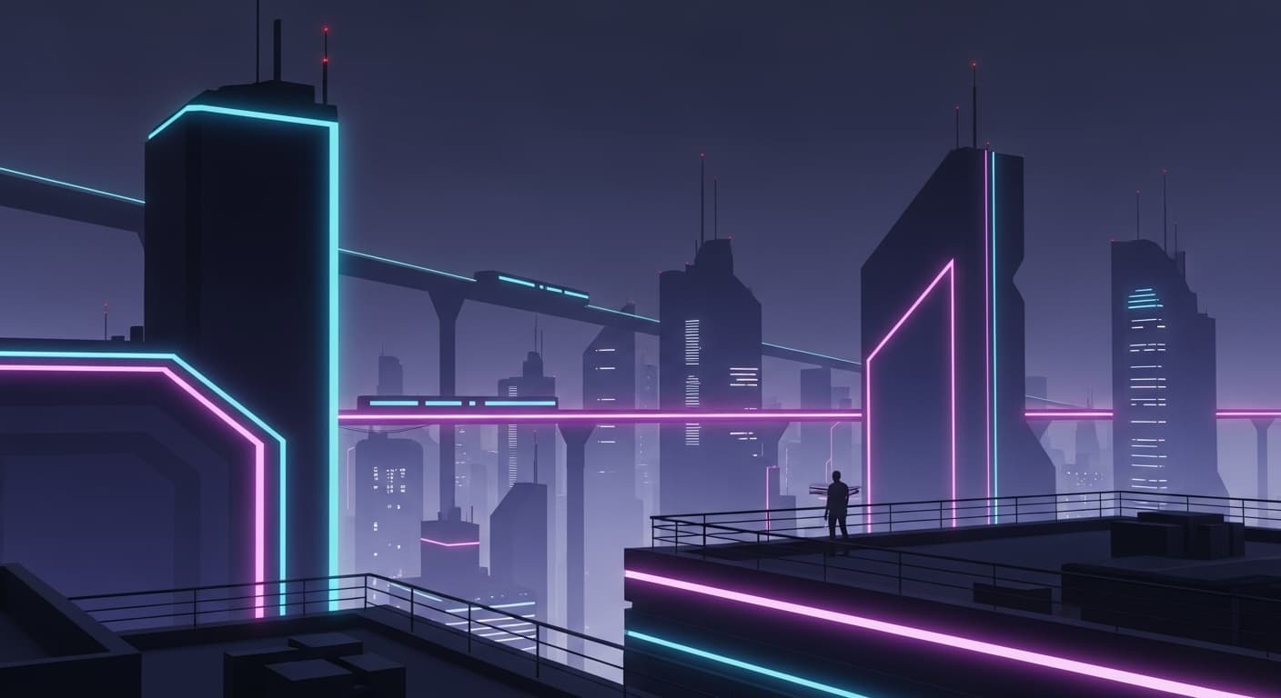 Cyberpunk rooftop scene, overlooking city, neon lights, futuristic skyline, atmospheric style., minimalist design, clean lines, simple composition, modern aesthetic, elegant
