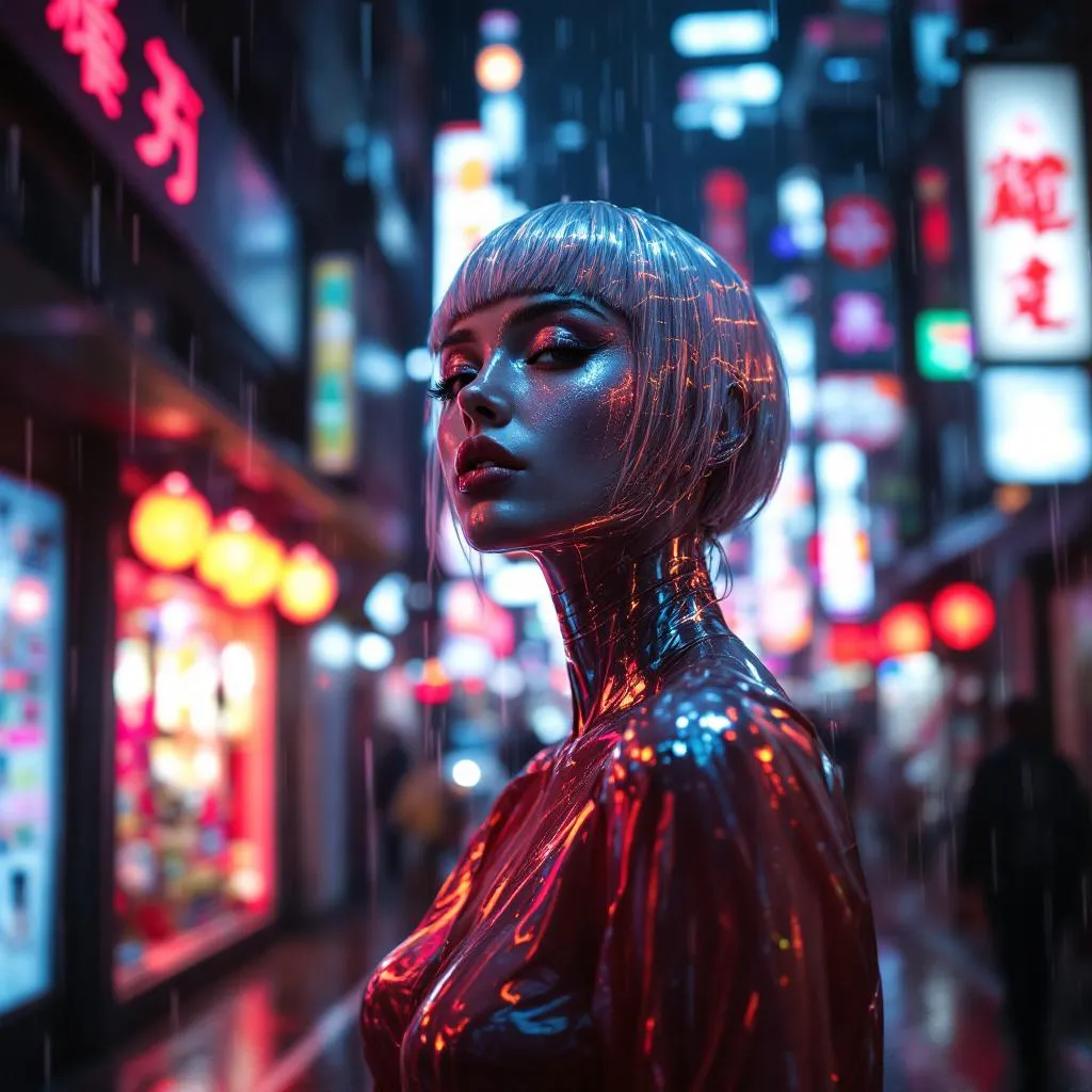 A woman with chrome skin and fiber optic hair standing in a neon-drenched Tokyo alley, holographic advertisements reflecting off her metallic features, rain streaming down, cinematic lighting, 8K detail