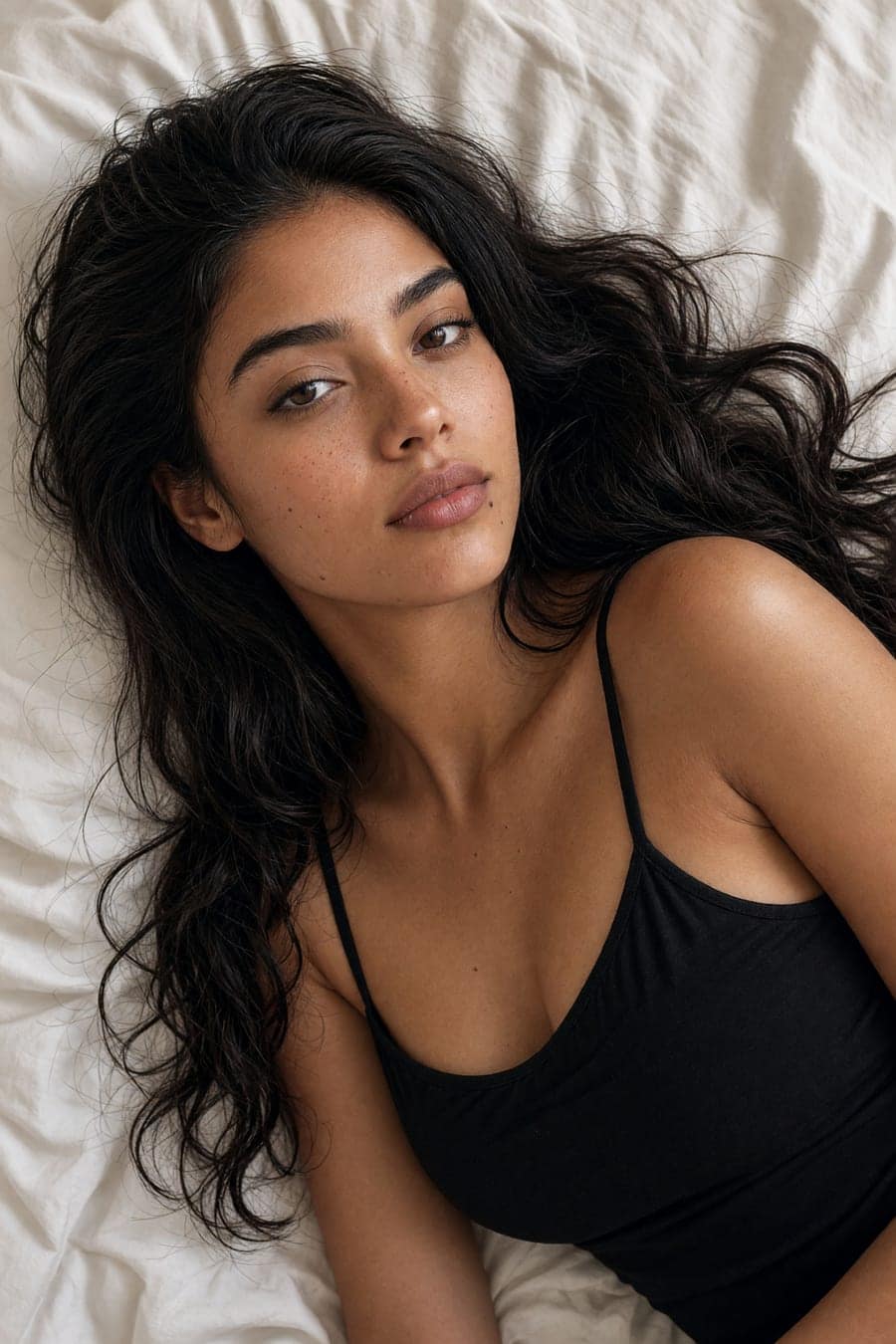 AI-generated black cami shot in a bedroom setting