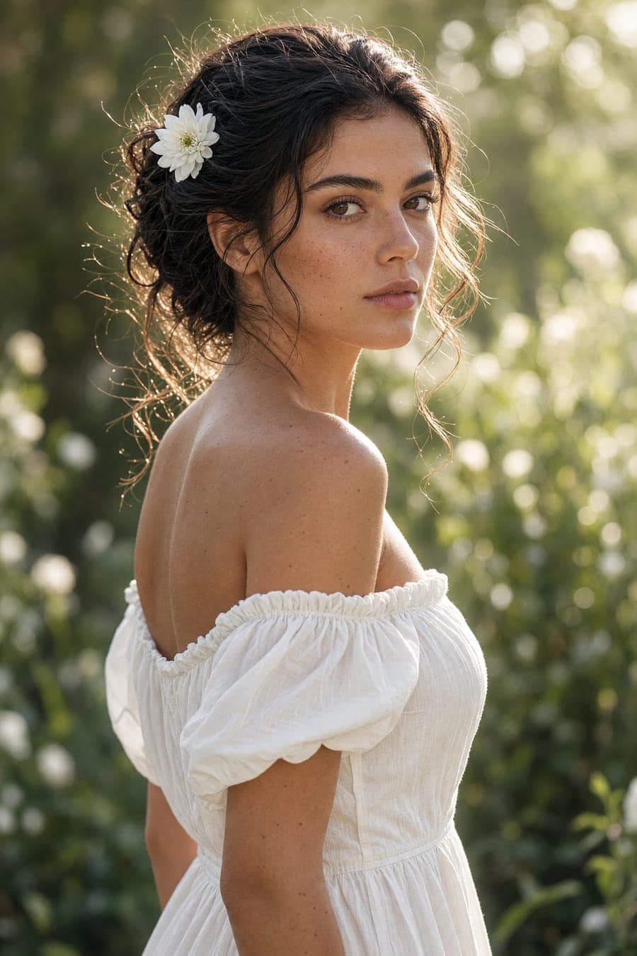 AI-generated white dress shot in a garden setting