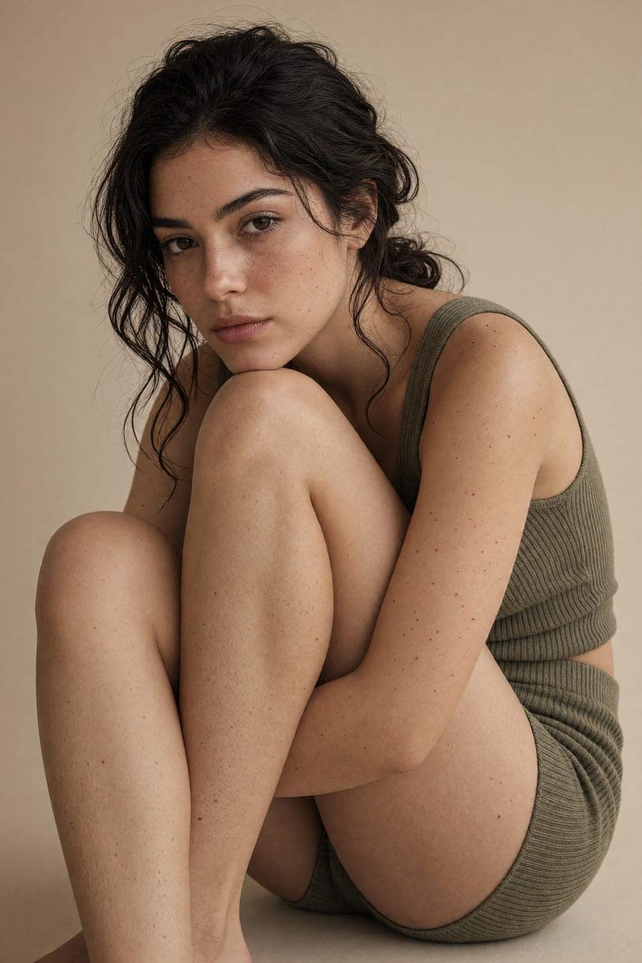 AI-generated olive knit shot in a studio setting
