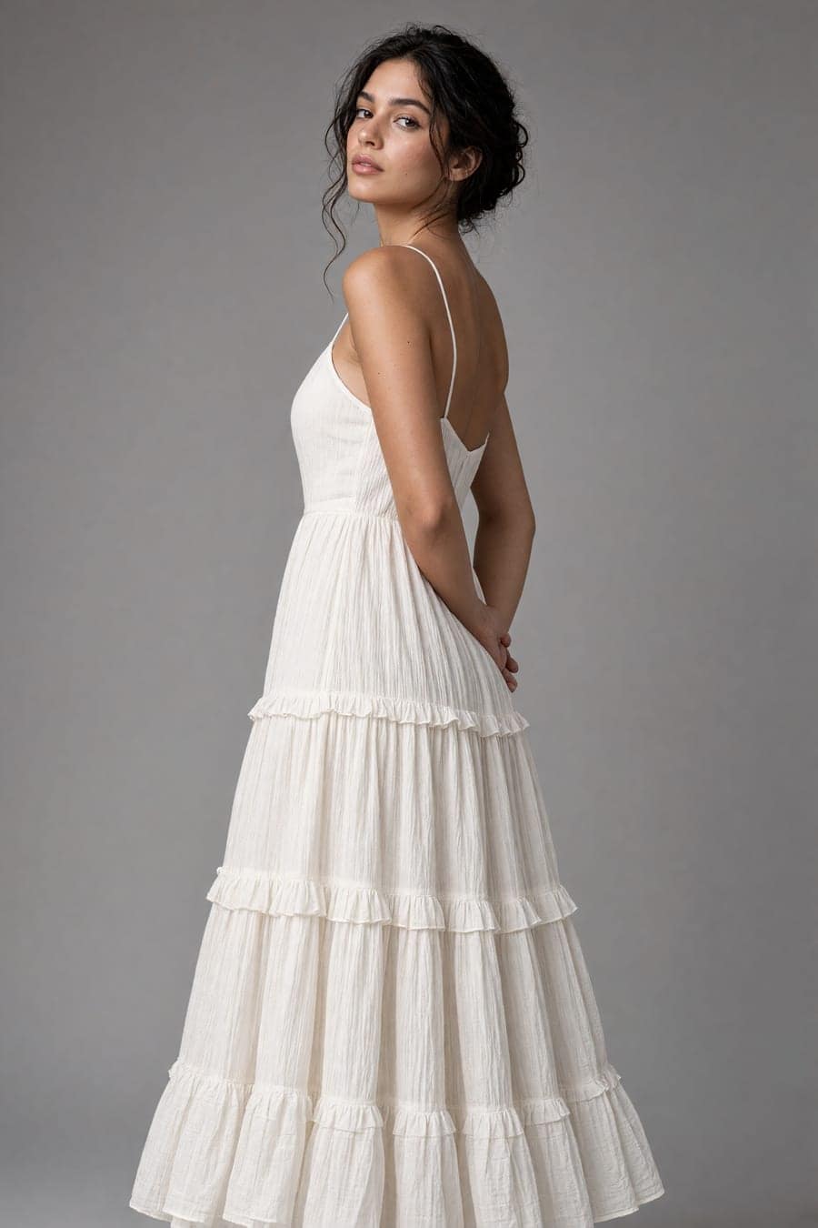 AI-generated white maxi shot in a studio setting