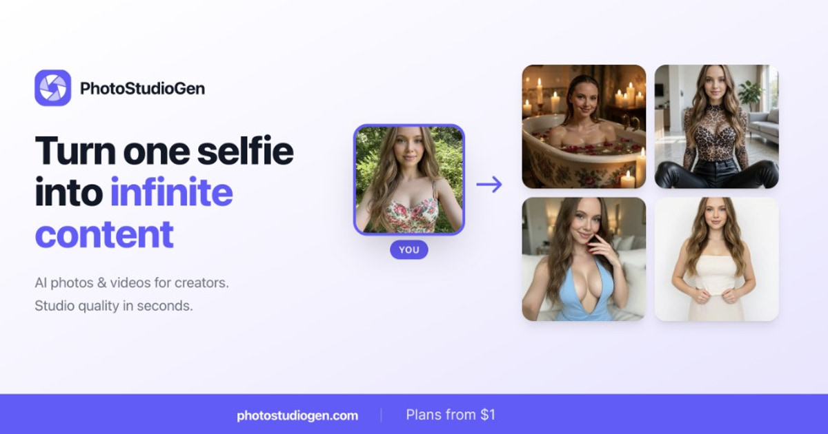 Screenshot of Photo Studio Gen, Turn one selfie into a full virtual photoshoot with AI outfit try-ons